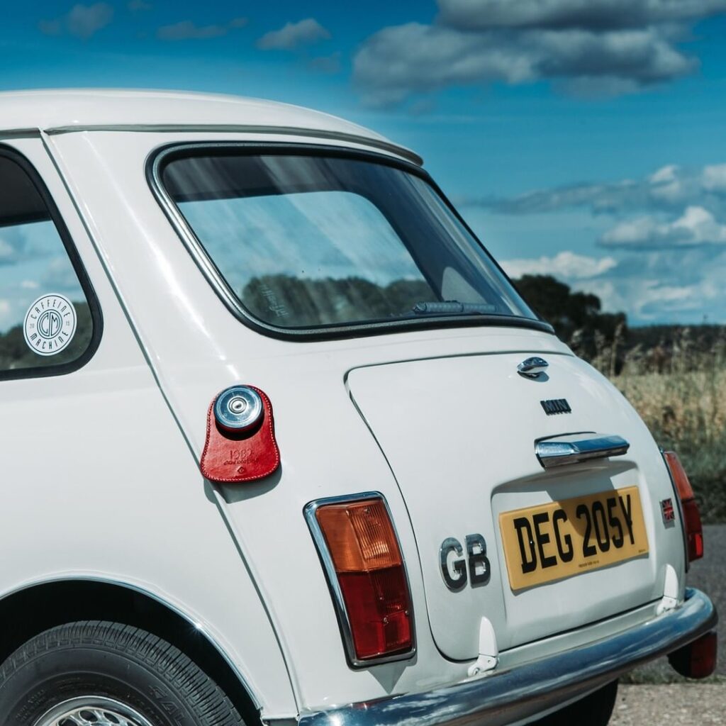 Koncept Studios classic mini fuel bib on white vintage Mini Cooper, rear view
