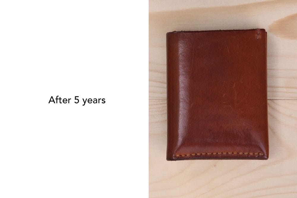 Koncept Studios vegetable-tanned leather wallet showing wear and patina after 5 years of use